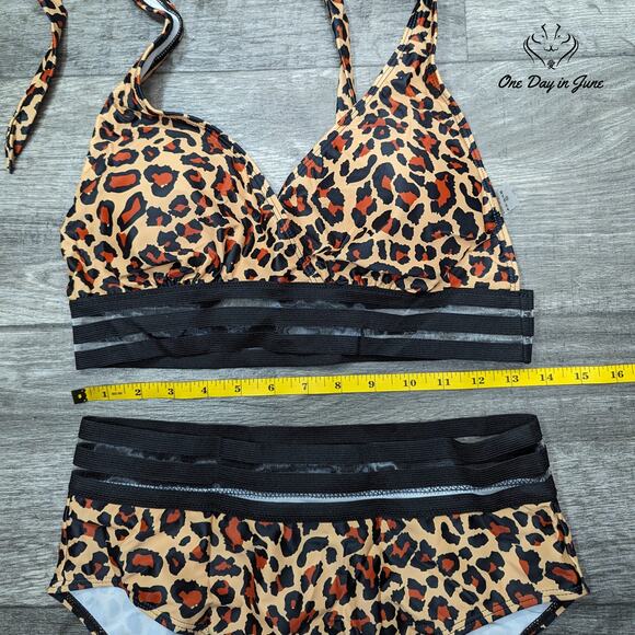 Jodimitty Leopard Print Mesh Accent Bikini Swimsuit Size L - Picture 2 of 3